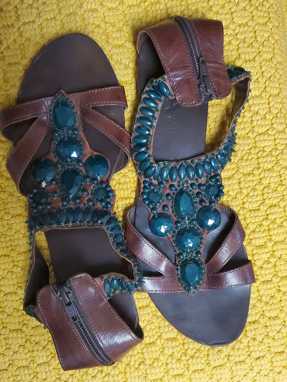 Women's Brown Leather Sandals with Teal Gem Embellishment